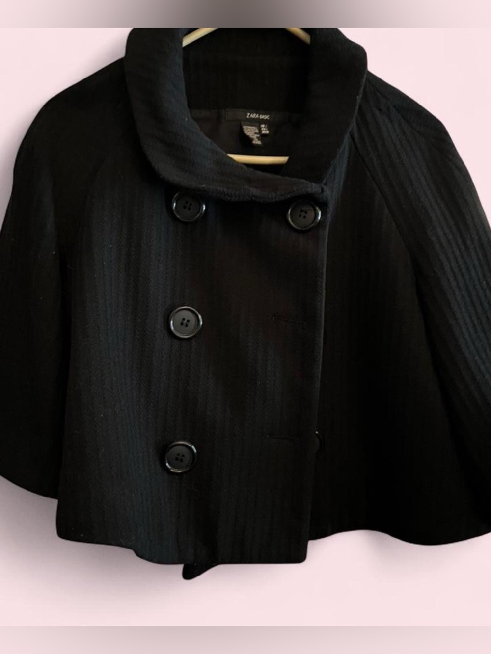 Zara Vintage Style Black Double-Breasted Wool Cape Coat with Button Detailing
